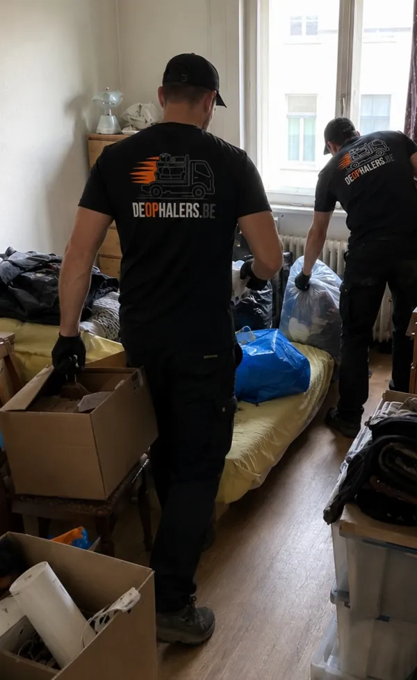 Twee medewerkers van De Ophalers sorteren en laden spullen in een appartement
