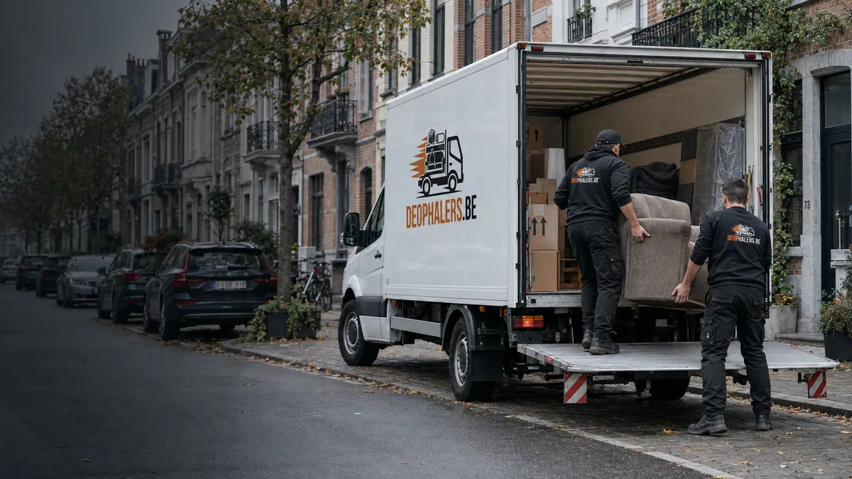 Twee medewerkers van De Ophalers laden een zetel in de bus