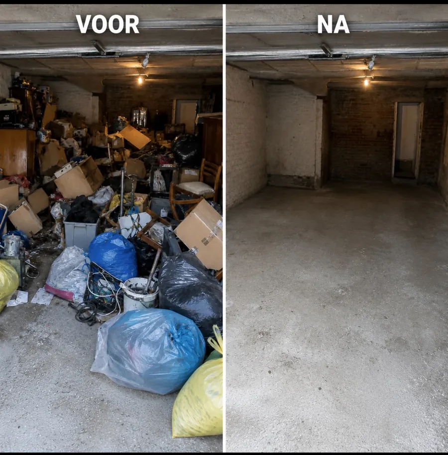 Garage vol rommel en afval, voor en na het leegmaken