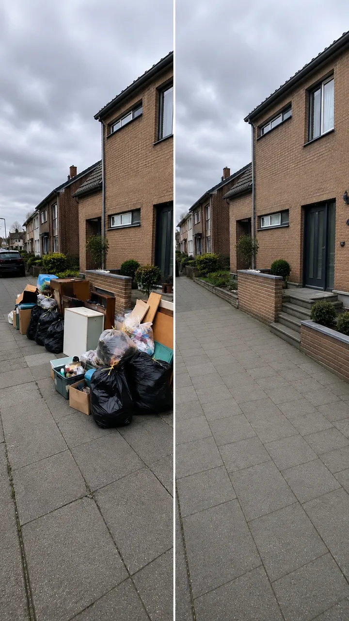 Rommel en afval voor een woning, voor en na het opruimen