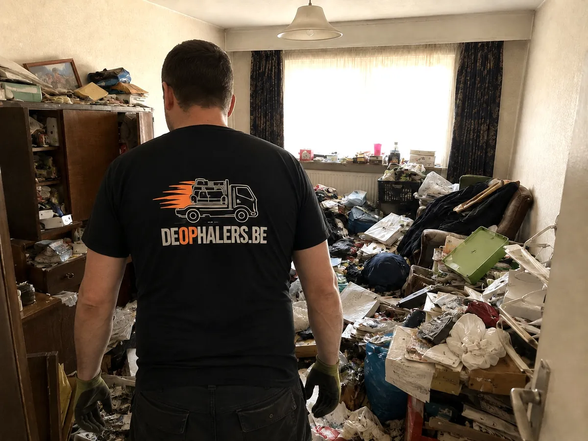 Medewerker van De Ophalers in een kamer vol spullen die leeggemaakt wordt