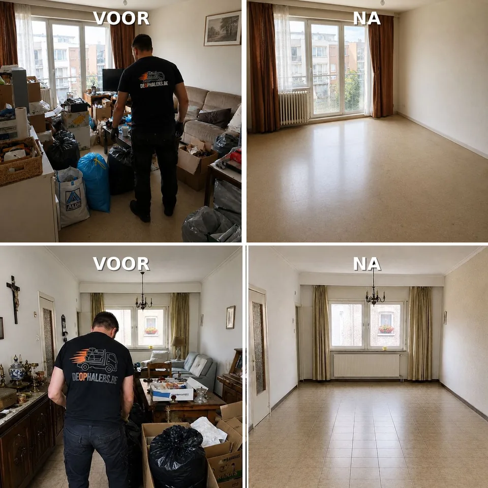 Twee woningen leeggemaakt in Antwerpen, voor en na de opruiming