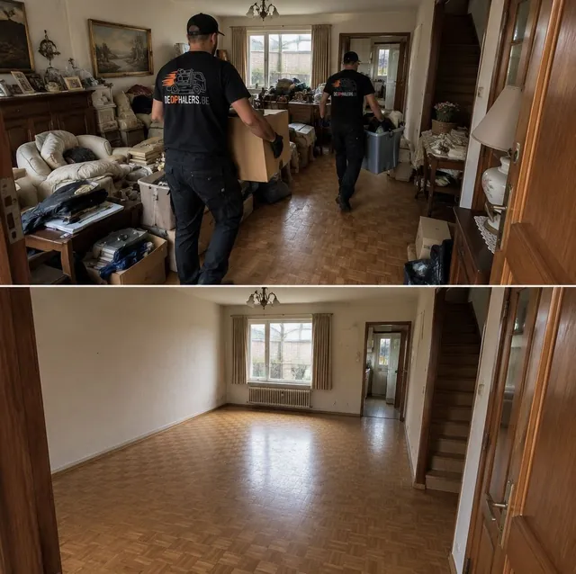 Woonkamer voor, tijdens en na het leegmaken door De Ophalers